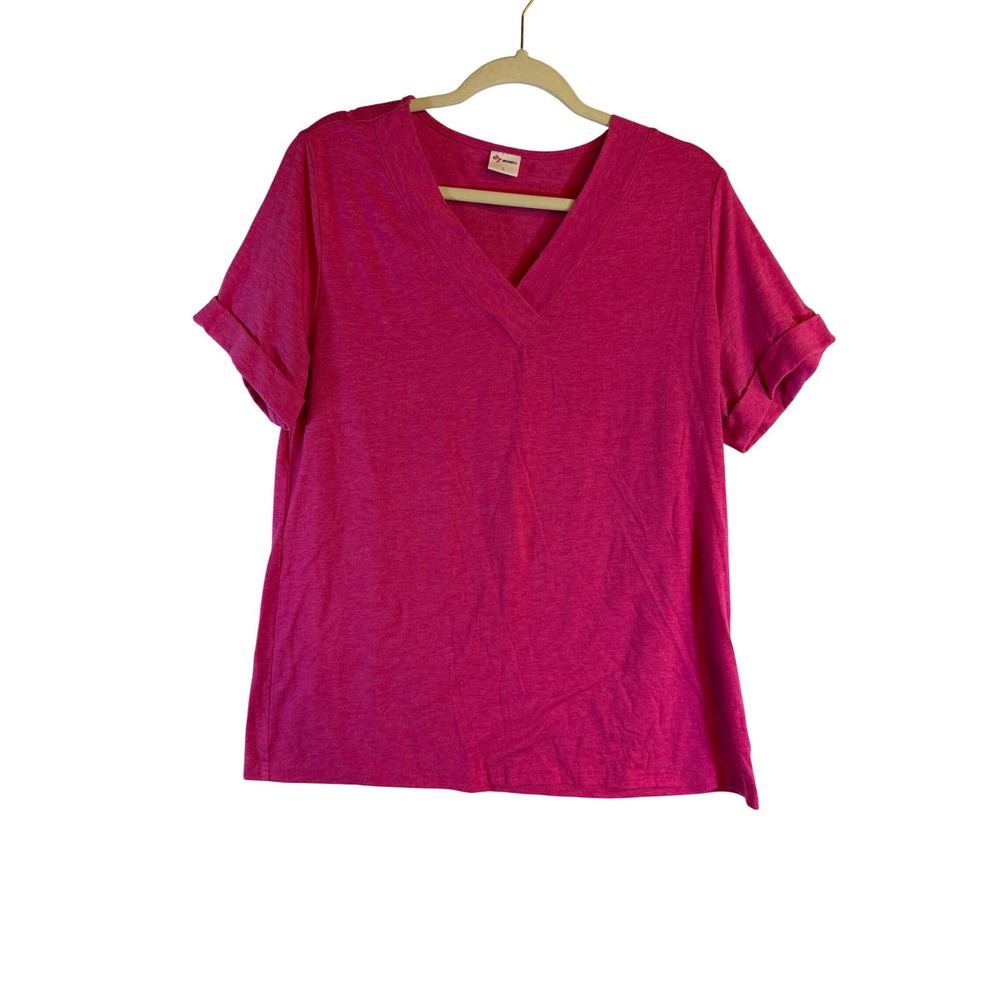 WIHOLL Womens V-Neck Short Sleeve Rolled Cuff T-Shirt Fuchsia Pink Heather Sz L